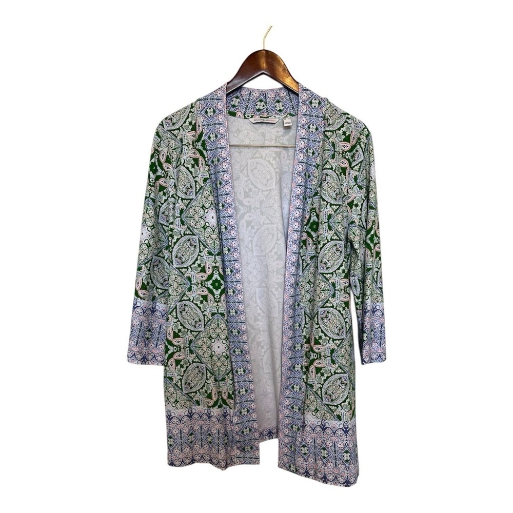 Isaac Mizrahi Live Cardigan Open Front Medium Green Blue Paisley Medallion Print